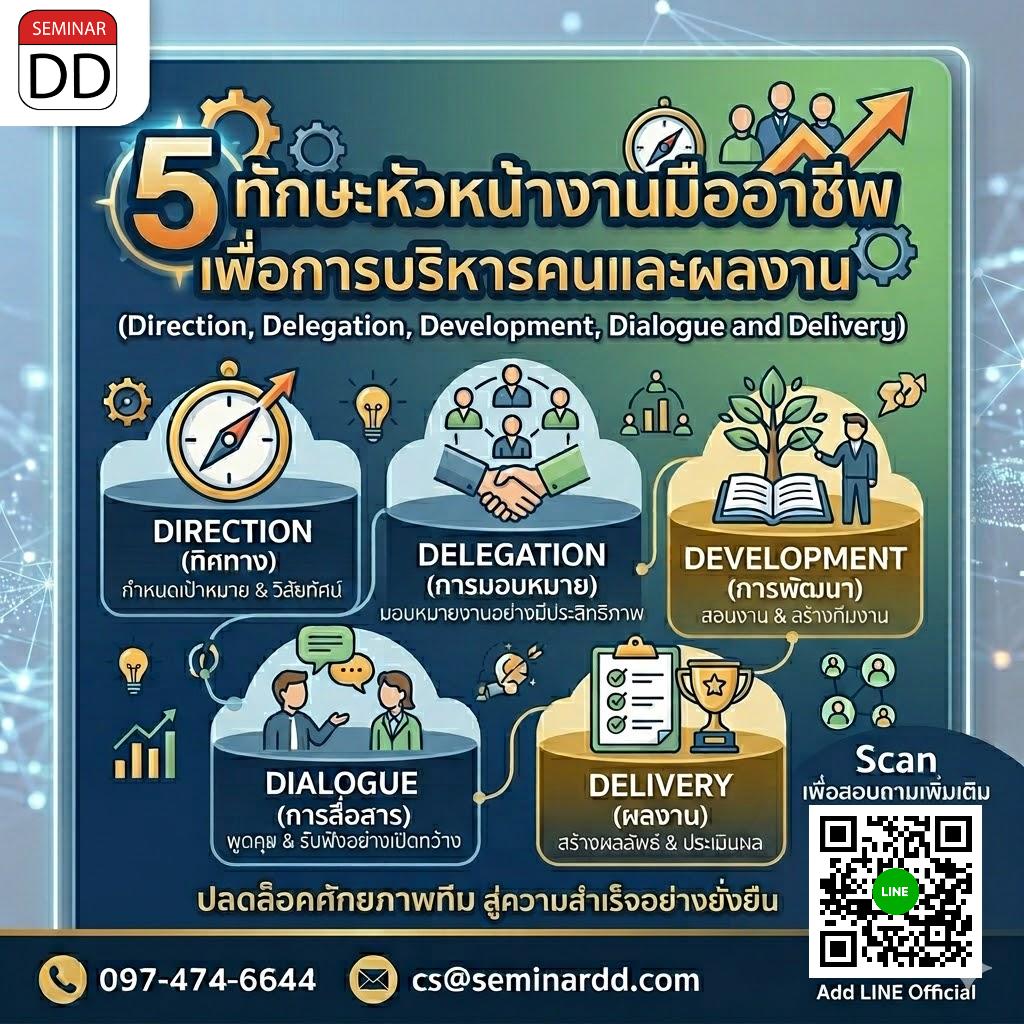 5 ทักษะหัวหน้างานมืออาชีพ เพื่อการบริหารคนและผลงาน (Direction, Delegation, Development, Dialogue and Delivery)